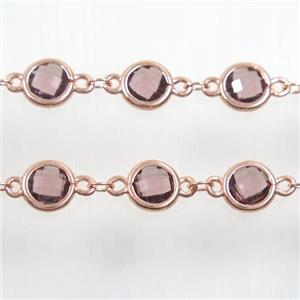 copper chain with lt.purple Chinese crystal glass, rose gold, approx 8mm dia