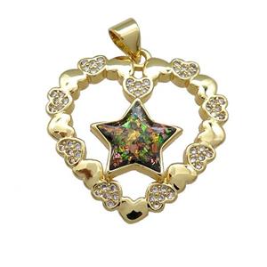 Copper Heart Pendant Pave Multicolor Fire Opal Zircon Star 18K Gold Plated, approx 24mm