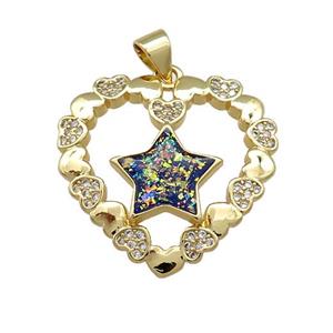 Copper Heart Pendant Pave Multicolor Fire Opal Zircon Star 18K Gold Plated, approx 24mm