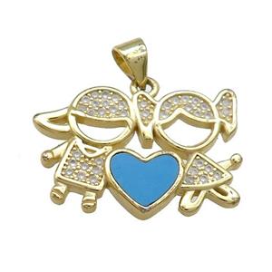 Copper Kids Pendant Pave Blue Shell Zircon Heart 18K Gold Plated, approx 16-25mm