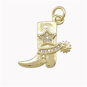 Cowboy Boot Charm Copper Pendant Pave Zirconia Gold Plated, approx 15-16mm