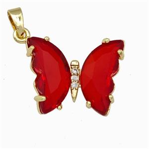 Red Chinese Crystal Glass Butterfly Pendant Gold Plated, approx 15-20mm