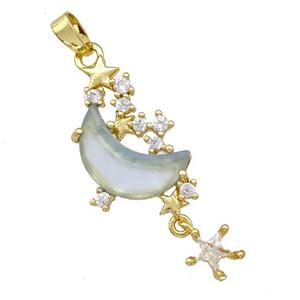 Copper Pendant Pave Zirconia Grayblue Crystal Glass Moon Gold Plated, approx 6mm, 13-20mm