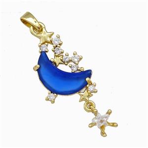 Copper Pendant Pave Zirconia Blue Crystal Glass Moon Gold Plated, approx 6mm, 13-20mm