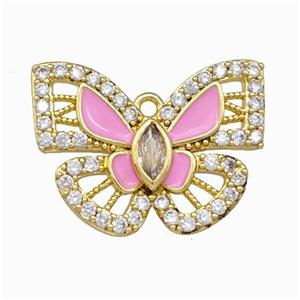 Copper Butterfly Pendant Pave Zircoina Pink Enamel Gold Plated, approx 18-25mm