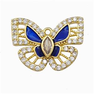 Copper Butterfly Pendant Pave Zircoina Blue Enamel Gold Plated, approx 18-25mm