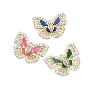 Copper Butterfly Pendant Pave Zircoina Enamel Gold Plated Mixed, approx 18-25mm