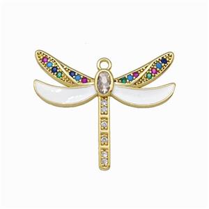 Copper Dragonfly Pendant Pave Zircoina White Enamel Gold Plated, approx 26-30mm