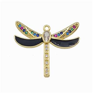 Copper Dragonfly Pendant Pave Zircoina Black Enamel Gold Plated, approx 26-30mm