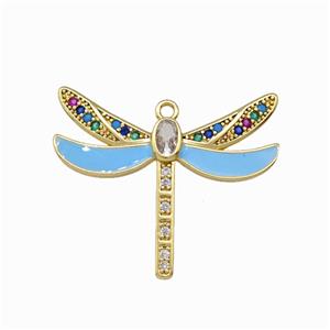 Copper Dragonfly Pendant Pave Zircoina Blue Enamel Gold Plated, approx 26-30mm
