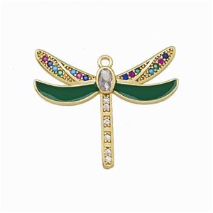 Copper Dragonfly Pendant Pave Zircoina Green Enamel Gold Plated, approx 26-30mm