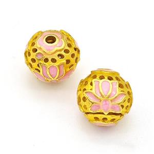 Copper Round Beads Pink Painted Flower Hollow Gold Plated, approx 10mm