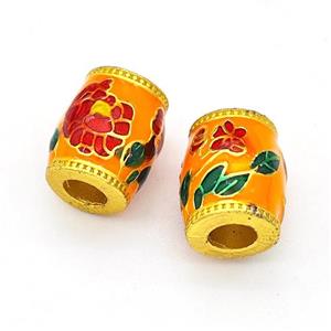 Copper Barrel Beads Multicolor Painted Flower Large Hole Gold Plated, approx 10-11mm, 4mm hole