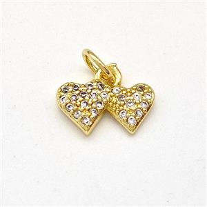 Double Heart Charms Copper Pendant Pave Zirconia Gold Plated, approx 6-11mm