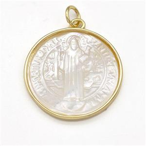 Jesus Charms Copper Circle Pendant Pave Shell Gold Plated, approx 21mm