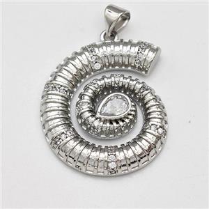 Swirl Shell Charms Copper Pendant Micro Pave Zirconia Platinum Plated, approx 24-27mm