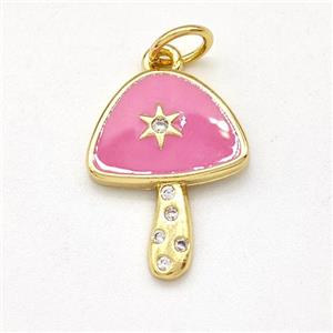 Copper Mushroom Pendant Pave Zirconia Pink Enamel Star Gold Plated, approx 12-16mm