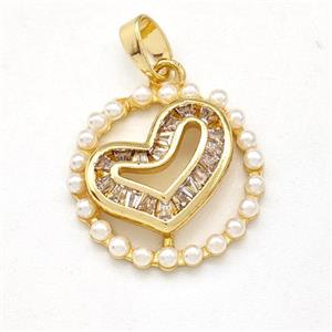 Copper Heart Pendant Pave Zirconia Pearlized Resin Gold Plated, approx 17mm