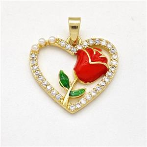 Copper Heart Pendant Pave Zirconia Red Enamel Flower Gold Plated, approx 18.5mm