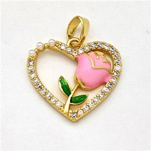 Copper Heart Pendant Pave Zirconia Pink Enamel Flower Gold Plated, approx 18.5mm