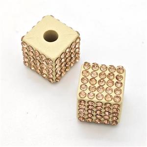 Gold Resin Cube Beads Micro Pave Rhinestone Large Hole, approx 13mm, 3mm hole