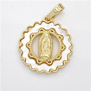 Virgin Mary Charms Copper Pendant Pave Shell Gold Plated, approx 18mm