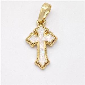 Copper Cross Pendant Pave White Fire Opal 18K Gold Plated, approx 11-16mm