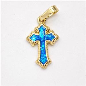 Copper Cross Pendant Pave Blue Fire Opal 18K Gold Plated, approx 11-16mm