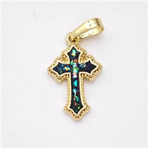 Copper Cross Pendant Pave Black Fire Opal 18K Gold Plated, approx 11-16mm