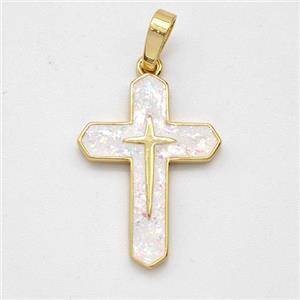 Copper Cross Pendant Pave White Fire Opal 18K Gold Plated, approx 15-22mm