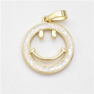 Copper Emoji Pendant Pave White Fire Opal Smileface 18K Gold Plated, approx 16.5mm