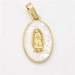 Virgin Mary Charms Copper Pendant Pave White Fire Opal 18K Gold Plated, approx 12-17mm