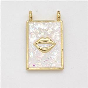 Copper Lips Charms Pendant Pave White Fire Opal Rectangle 2loops 18K Gold Plated, approx 11-15mm