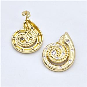 Copper Stud Earrings Micro Pave Zirconia Nautilus Shell Gold Plated, approx 22-30mm