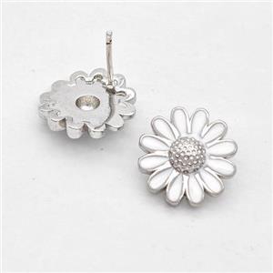 Copper Sunflower Stud Earrings White Enamel Platinum Plated, approx 14mm