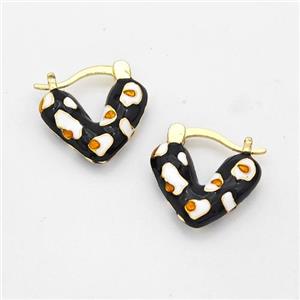 Copper Latchback Earrings Heart Black Enamel Gold Plated, approx 16mm