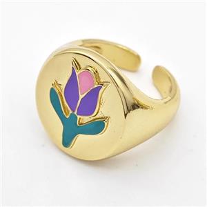 Copper Tulip Rings Enamel Flower Gold Plated, approx 19mm, 18mm dia