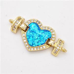 Copper Connector Pave Blue Fire Opal Zirconia Heart 18K Gold Plated, approx 15mm, 25mm