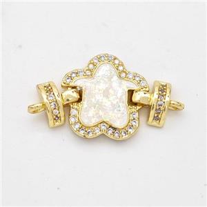 Copper Connector Pave White Fire Opal Zirconia Flower 18K Gold Plated, approx 15mm, 25mm