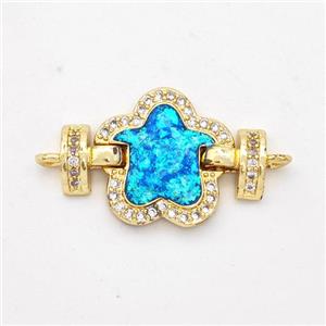 Copper Connector Pave Blue Fire Opal Zirconia Flower 18K Gold Plated, approx 15mm, 25mm