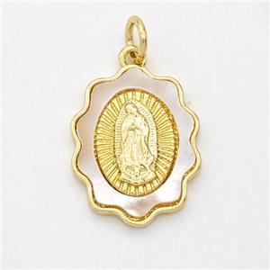 Virgin Mary Charms Copper Pendant Pave Shell Gold Plated, approx 14-17mm