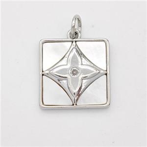 Copper Square Pendant Pave Shell Clover Platinum Plated, approx 15x15mm