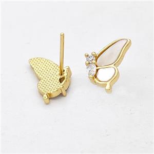 Copper Butterfly Stud Earrings Pave Shell Zirconia 18K Gold Plated, approx 9-12mm