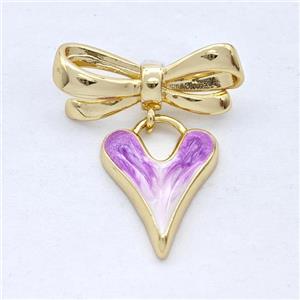 Copper Bowknot Heart Pendant Purple Painted 18K Gold Plated, approx 14-19mm, 9-23mm