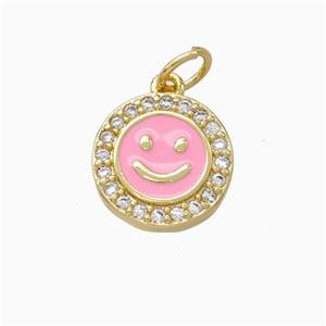 Copper Emoji Pendant Pave Zirconia Pink Enamel Smile Face Gold Plated, approx 11.5mm