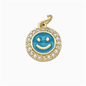 Copper Emoji Pendant Pave Zirconia Teal Enamel Smile Face Gold Plated, approx 11.5mm