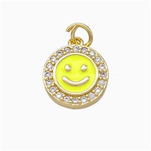 Copper Emoji Pendant Pave Zirconia Yellow Enamel Smile Face Gold Plated, approx 11.5mm