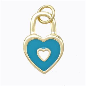 Copper Heart Lock Pendant Teal Enamel Gold Plated, approx 12-19mm