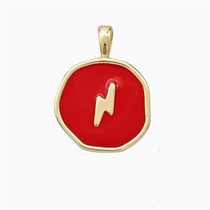 Copper Lightning Pendant Red Enamel Circle Gold Plated, approx 13.5mm