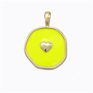 Copper Heart Pendant Yellow Enamel Circle Gold Plated, approx 13.5mm